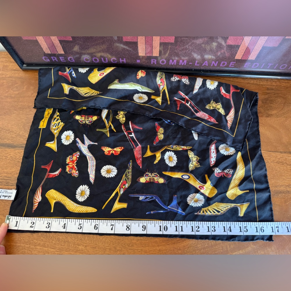 Salvatore Ferragamo Black Silk Scarf with high heel, floral, butterfly Italy - Picture 6 of 8